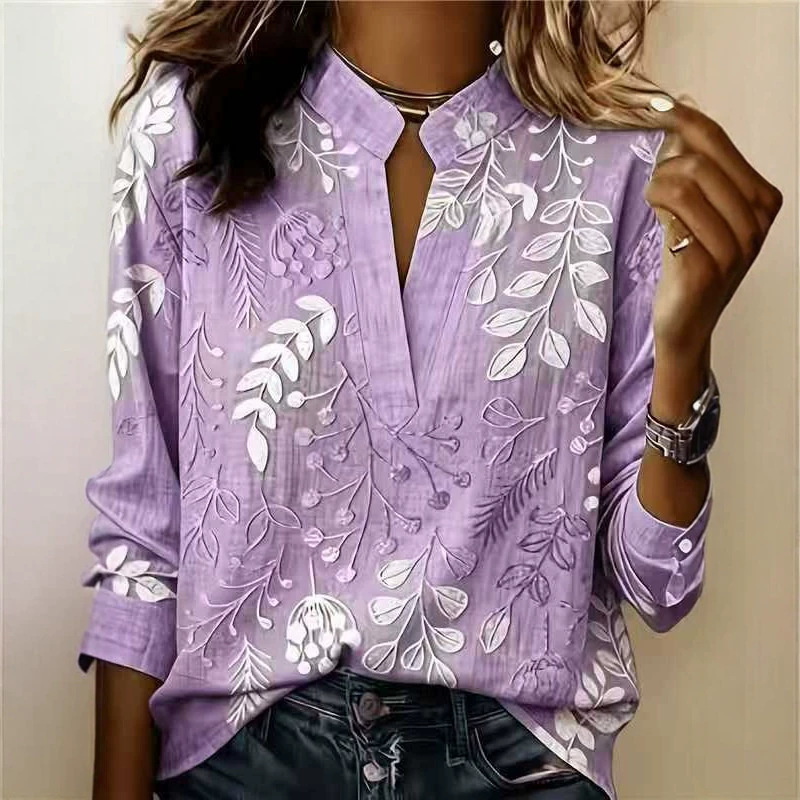 Cross-border Amazon AliExpress European and American floral print casual loose-fit stand-up collar small V-neck long-sleeve women's shirt Cross-border Amazon AliExpress European and American floral print casual loose-fit stand-up collar small V-neck long-sleeve women's shirt