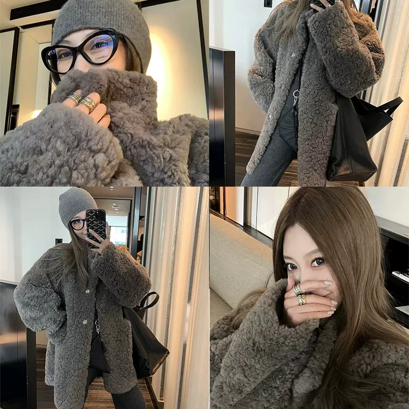 慵懒感中长款皮毛一体外套女2024年冬季宽松羊羔毛环保毛皮草上衣