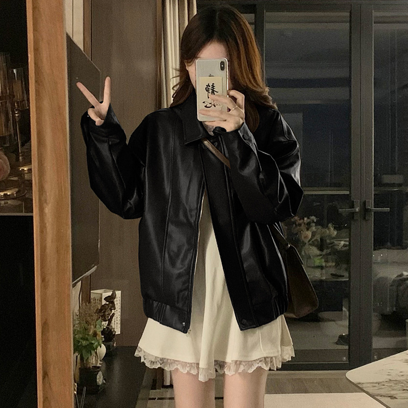 American Retro Black Short Leather Jacket for Women, Autumn High-End Petite Biker Pu Jacket Top Trendy