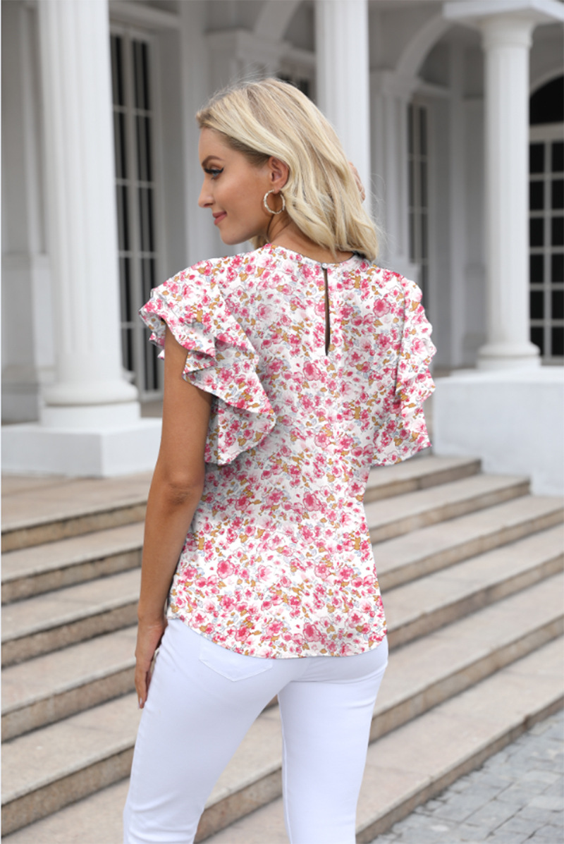 Women's Clothing Round Neck Printed Ruffled Short Sleeve Chiffon Shirt Fragmented Pullover T-shirt_voghion.com