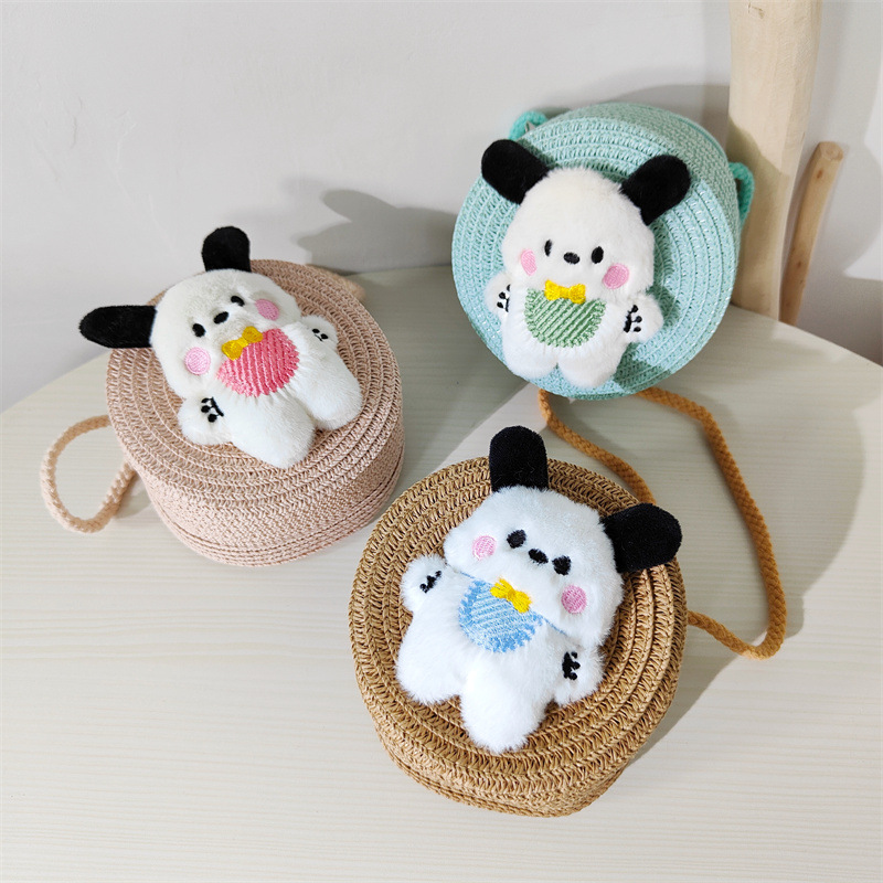 Verano de los niños de paja lindo babero cachorro crossbody pequeño bolso redondo niños y niñas al aire libre ligero dibujos animados tejida BOLSA DE PAJA