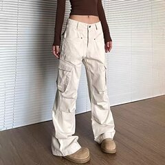 美式复古米白色多口袋工装裤男女同款新款街头宽松褶皱直筒裤子潮