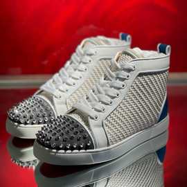cl andgz男鞋白色编织拼灰色鞋头铆钉高帮红底鞋女鞋真皮休闲板鞋