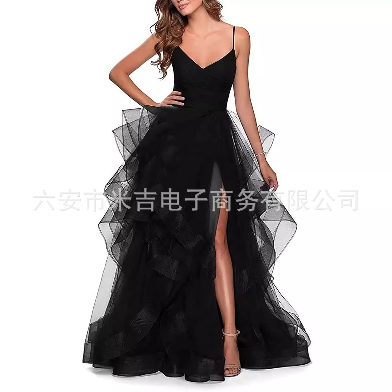 Amazon Cross Border V-Neck Tulle Prom Gown Long Thin Shoulder Strap Prom Gown Layered Evening Gown Women Wholesale