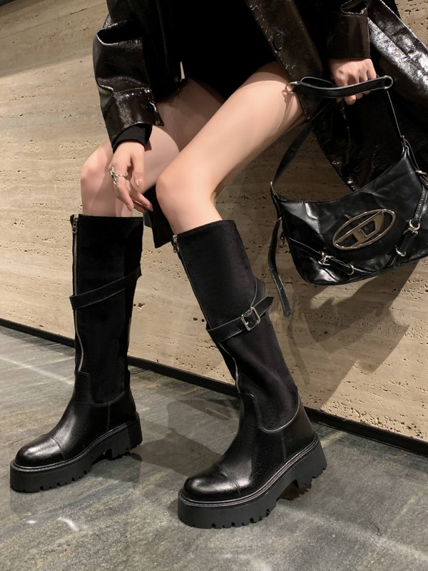 软皮不过膝长靴女2025秋冬季马丁靴皮带扣厚底机车骑士靴高筒靴子|undefined