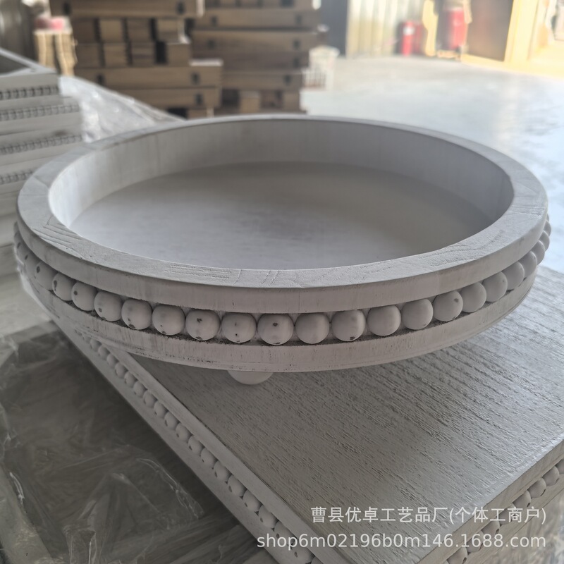 现货木珠托盘法式乡村家用茶盘咖啡厅餐盘桐木做旧圆形串珠收纳盘|undefined