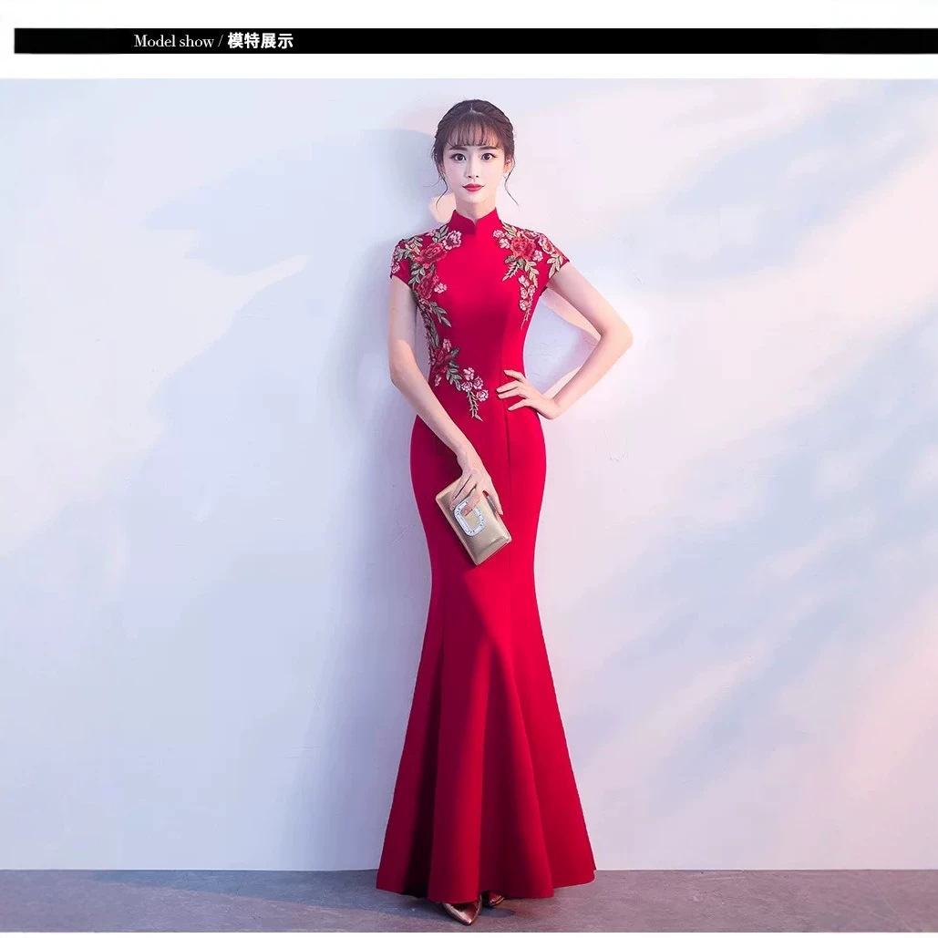 Long Red Performance Dress with Fishtail Design, 2026 New Spring Model, Slim Fit, Suitable for Stage, Reception, and Banquet Events for Women