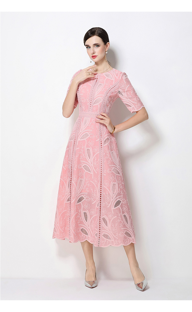 Đầm maxi nữ thắt eo cổ điển Pháp ren thêu họa tiết tay ngắn — màu đen, xanh nhạt, màu hồng, Xanh da trời nhạtcolor chi tiết 52