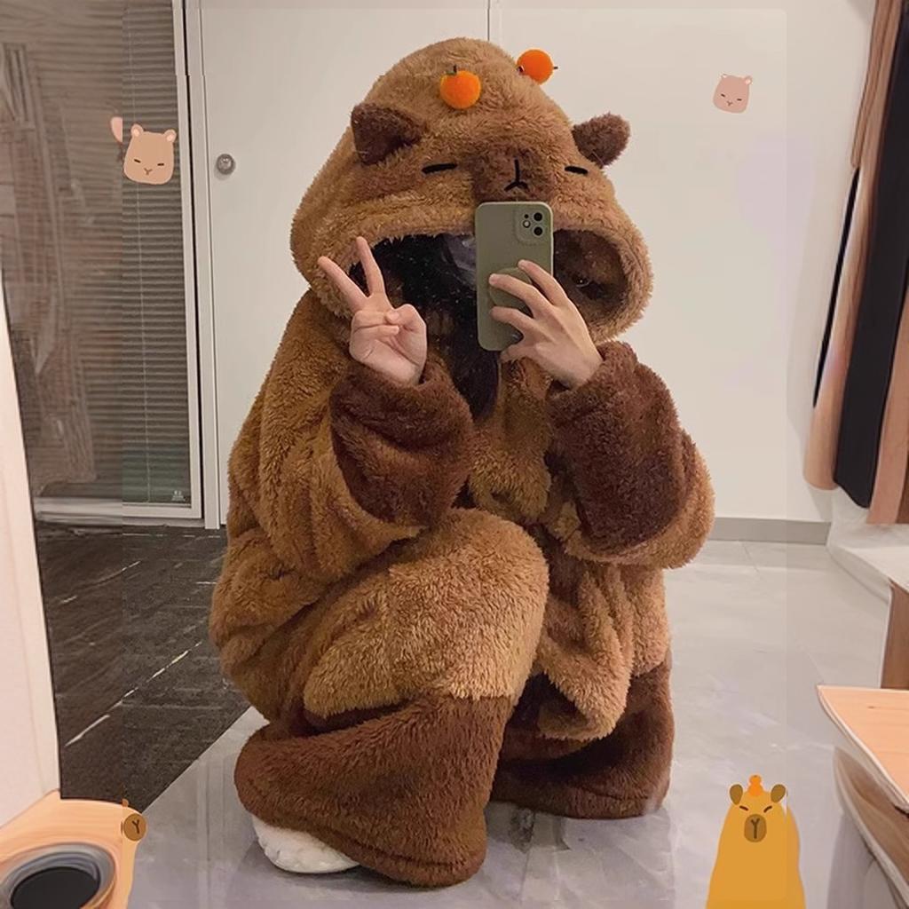 GraceChic GraceChic Coral Fleece Pajamas For Women Kapibara Long Nightgown Girl's Homewear Autumn Winter Bathrobe Thickened And Warm_voghion.com