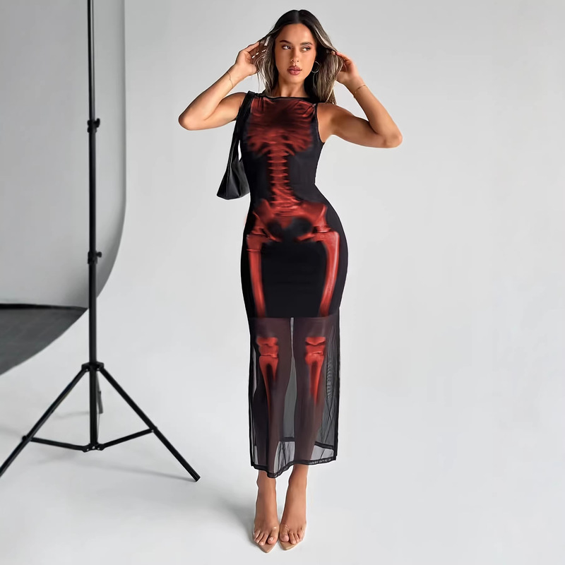 European and American Style Sheer Mesh Dress for Women, Gothic Red Skeleton Print, Sleeveless, Slim Fit, Bodycon, Mid-Length Dress European and American Style Sheer Mesh Dress for Women, Gothic Red Skeleton Print, Sleeveless, Slim Fit, Bodycon, Mid-Length Dress