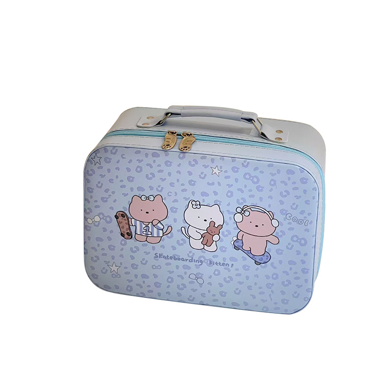 Leopardo gatito bolsa de maquillaje portátil linda gran capacidad portátil espejo impermeable caja de almacenamiento de productos de cuidado de la piel