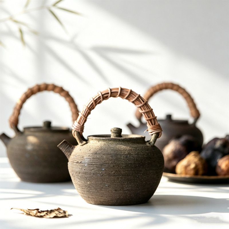 Handmade Rustic Clay Teapot Kettle with Bamboo Handle and Copper Handle for Boiling Water and Brewing Tea, Made from Old Rock Charcoal-Fired Clay Handmade Rustic Clay Teapot Kettle with Bamboo Handle and Copper Handle for Boiling Water and Brewing Tea, Made from Old Rock Charcoal-Fired Clay