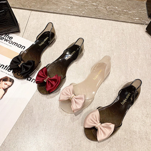 Plastic Sandals Women's Transparent Flat Non-Slip Korean Style Beach Shoes Seaside Holiday Metal Bow Fishmouth Jelly Shoes