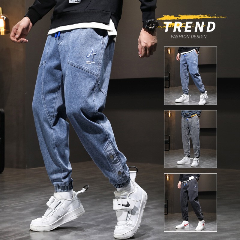 2022 New Fleece Jeans Men's Spring Autumn Loose Fat Large Size Men's Cropped Casual Pants Corset