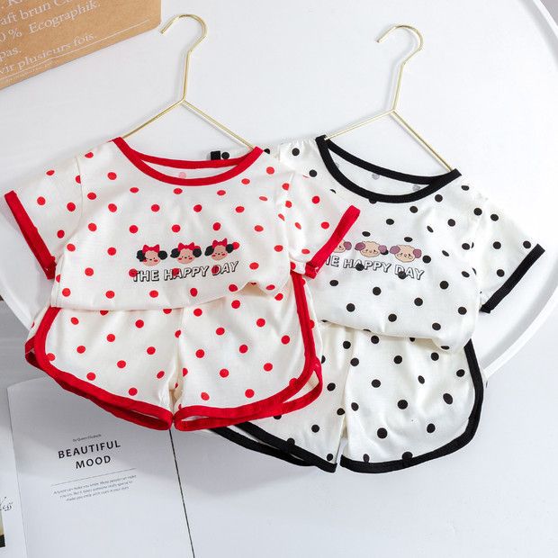 Girls' Casual suit South Korea Children's Wear Summer Western Style Baby Girl's Cartoon Polka Dot Printed Knitted Pants Two-piece Set