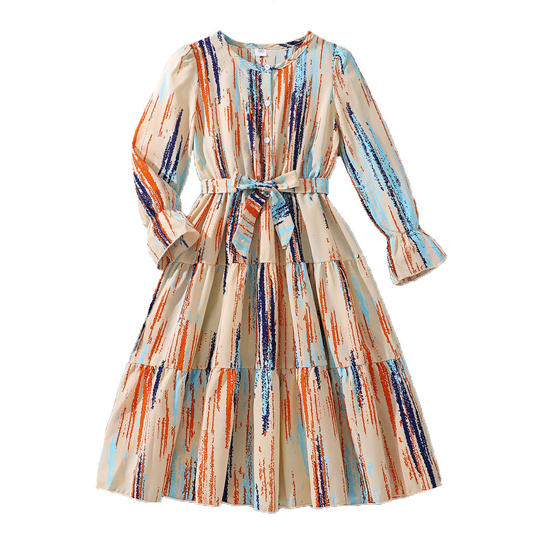Kinderkleidung Herbst Mädchenkleid 2024 neuer Stil kleine Mädchen Batik bedruckter mittellanger Rock_voghion.com
