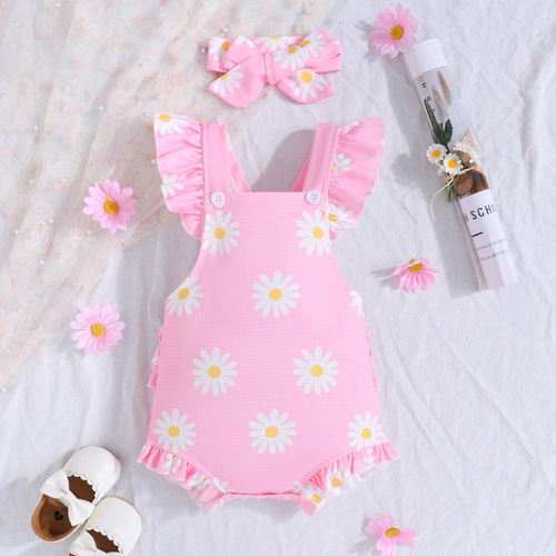 2024新款童装宝宝夏季短袖休闲哈衣爬服女童带头饰婴儿连体包庇衣