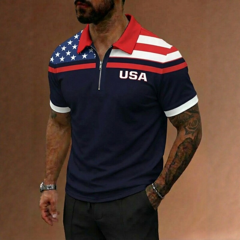 2026 Cross-Border Summer New Men's American Flag Zipper Polo Shirt Casual Sports Short-Sleeved Lapel Top