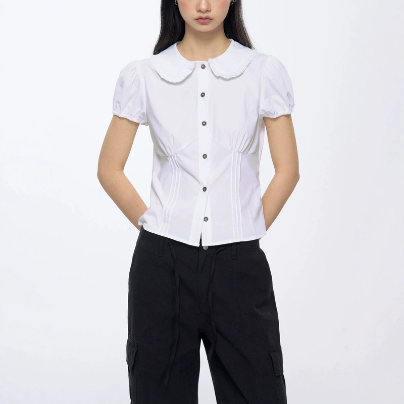 Lace Ruffle Doll Collar Shirt with Shell Buttons, Slim Fit Design, Short-Sleeve T-Shirt for Summer Lace Ruffle Doll Collar Shirt with Shell Buttons, Slim Fit Design, Short-Sleeve T-Shirt for Summer