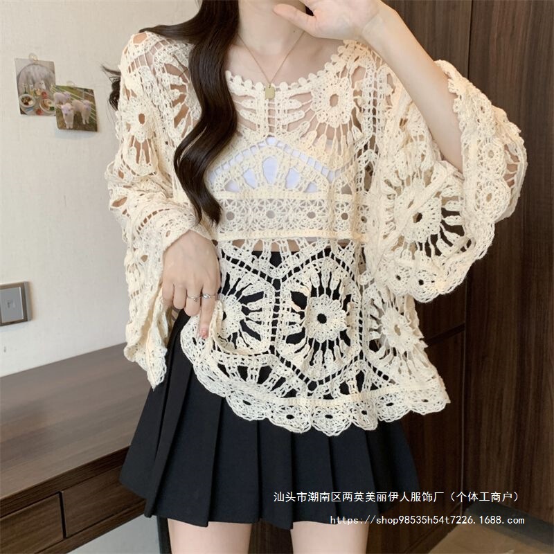 Autumn 2025 plus size design sense crochet long sleeve blouse female fat sister advanced French loose slim top