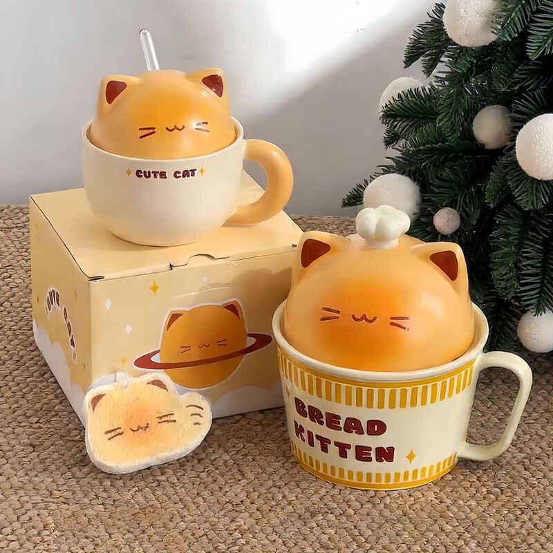 Cartoon Cat Toast Creative Instant Noodle Bowl Student Baking Pan Bread Cup and Saucer Tableware Set Home Girl Gift