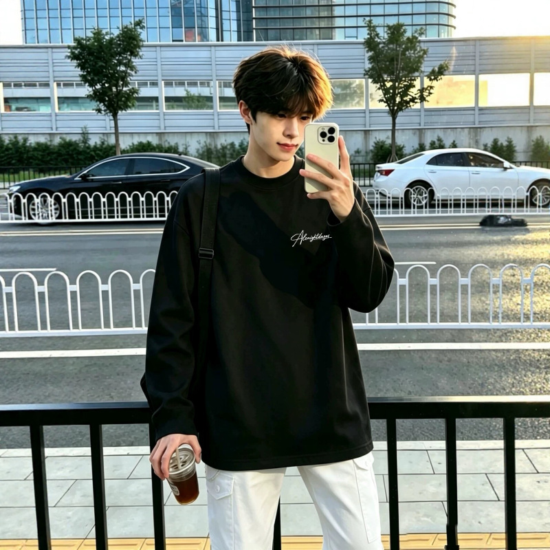 American-style pure cotton black long-sleeve men's t-shirt, new spring and autumn trendy brand letter print, loose fit, heavy weight, youth top, ins style American-style pure cotton black long-sleeve men's t-shirt, new spring and autumn trendy brand letter print, loose fit, heavy weight, youth top, ins style