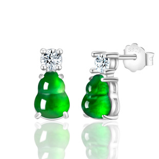 S925 Silver Inlaid Natural A Goods Jade Gourd Yang Green Ice Jade Earrings Fashion Earrings Women's Jewelry