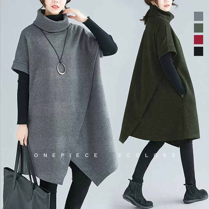 Новое осенне-зимнее платье 2025 года для женщин больших размеров: плотное, однотонное, повседневное, стройнящее, с высоким воротом, коротким рукавом, универсальное, асимметричное.