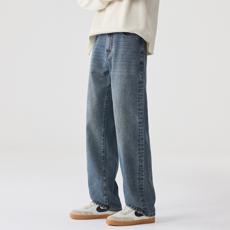 Wholesale Straight-Leg Loose Jeans for Men, New Style with Drape, Floor-Length, Nostalgic Blue Long Pants, Versatile Casual Pants