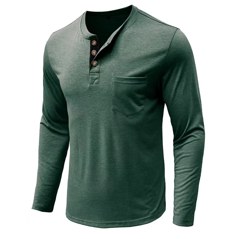 アマゾンは国境を越えて欧米の男性服を修理して長袖のヘンリーのシャツのポケットのtシャツの外国貿易の色を合わせます。