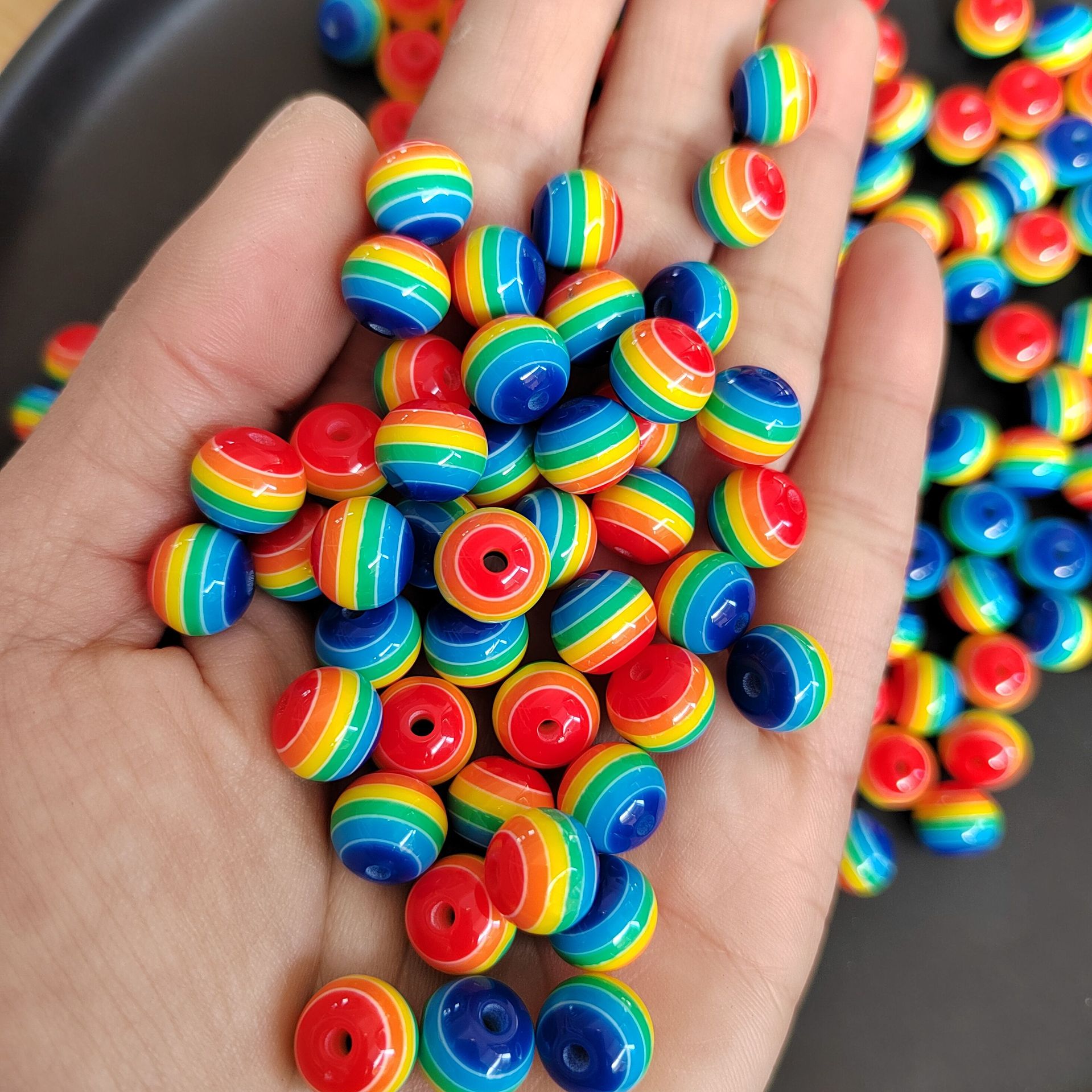 8-12mm树脂彩虹条纹圆珠DIY手工饰品配件儿童串珠材料批发