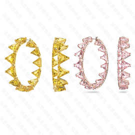 新品施家三角粉钻黄钻C型圆环大圈耳环 皇冠粉色黄色大号圆圈耳环