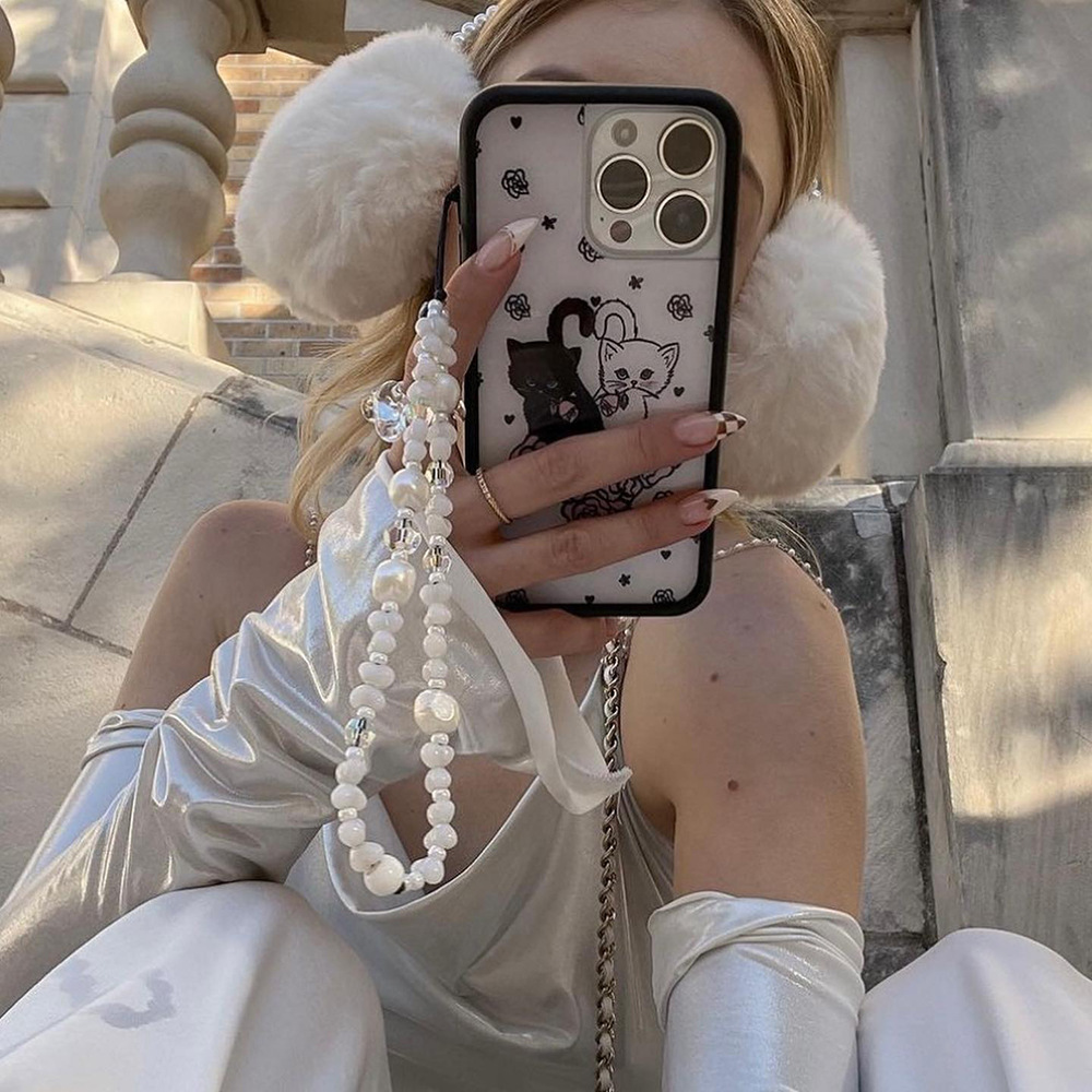 Kkbead estilo frío colgante portátil crossbody portátil en forma de perla artificial cristal Cadena de teléfono móvil cordón