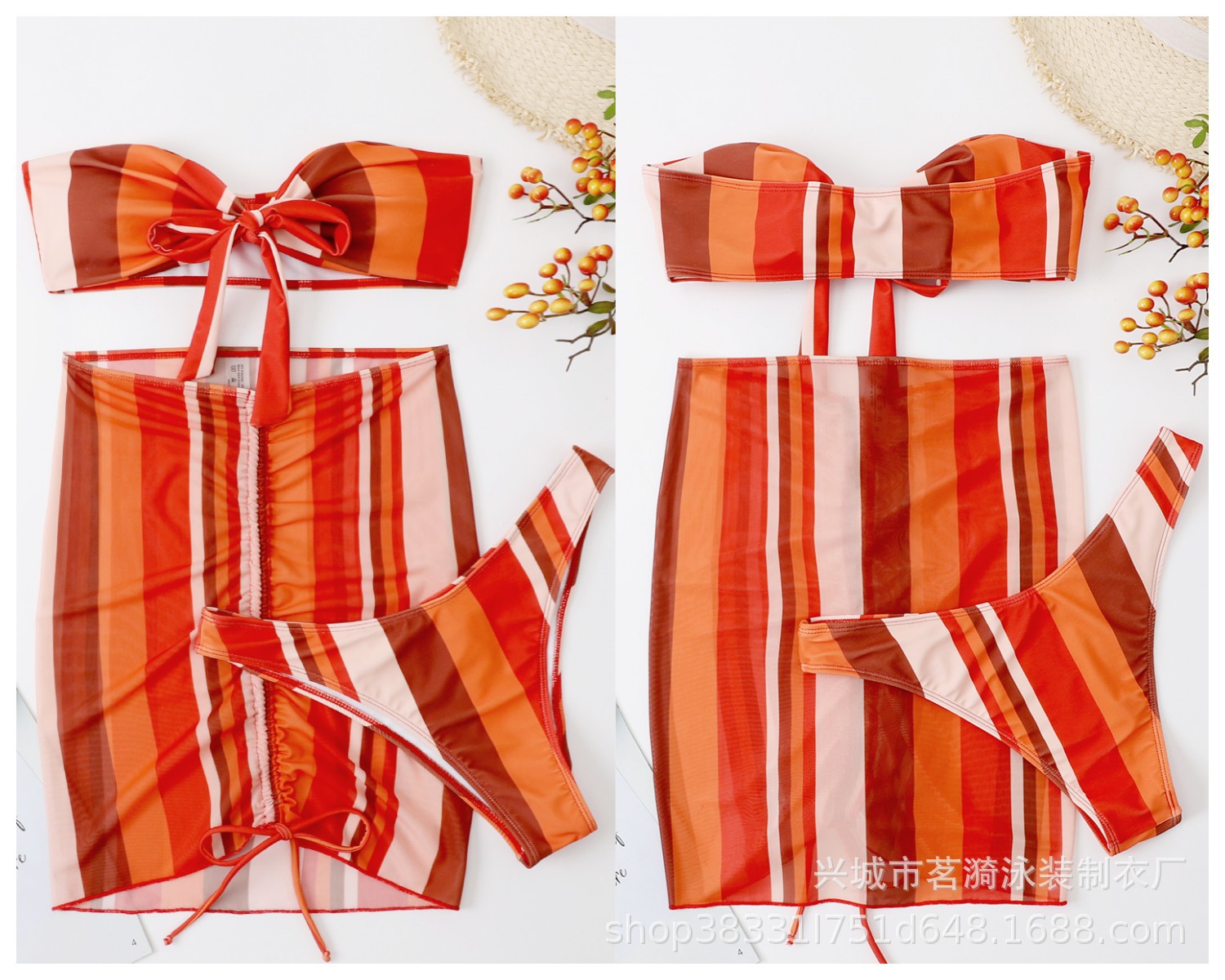 Mingyi Europa y América del comercio Exterior dividida falda de malla de rayas tubo superior Correa sexy Bikini de tres piezas traje de baño