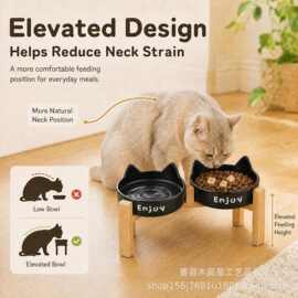 木架陶瓷狗碗猫碗大口径喝水食盆防打翻水碗宠物食物木制支架