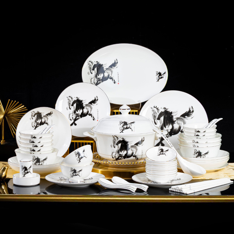 Xu Beihong Benmatu set de platos de porcelana de hueso set de platos de platos de cerámica horneada de alta temperatura tazón de fideos caseros