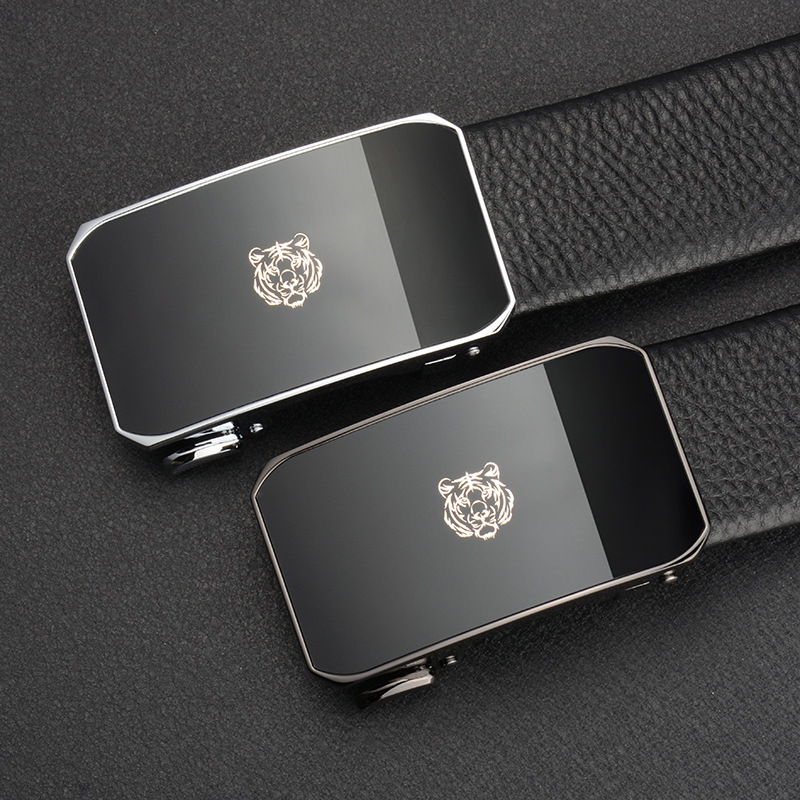 New Men's Leather Belt, Born in The Year of The Tiger, Automatic Buckle for Underwear, Tiger Head Logo, Lychee Pattern Edging Belt_voghion.com