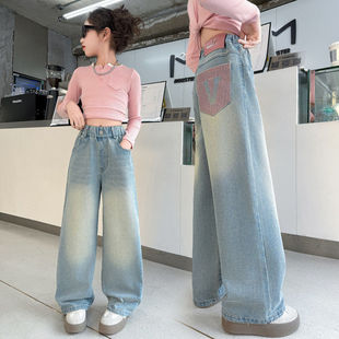Children's Slim Thin Jeans 2025 New Girls' Large Children's Jeans Loose Trendy Straight Pants High Waist