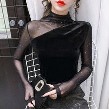 金丝绒打底上衣女半高领性感修身高档洋气新春秋款网纱长袖打底衫