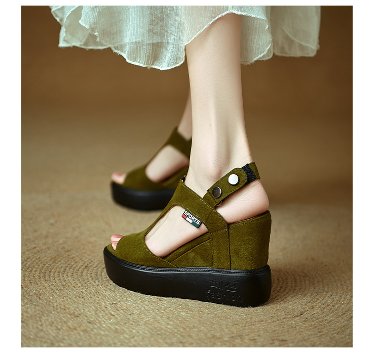 Sandal cao gót nữ hở mũi đế xuồng tăng chiều cao, phong cách La Mã, gót 9 cm — màu đen, xanh lá cây chi tiết 11