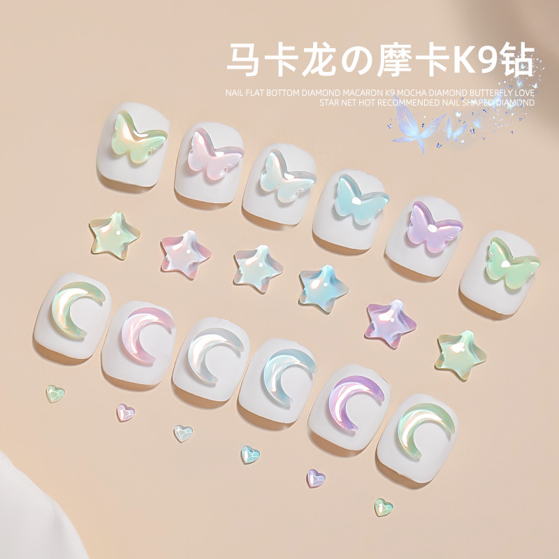 Manicura tamaño pequeño Mocha Luna Estrella Mariposa plana Internet celebridad joyería Aurora colorido estrella de cinco puntas joyería al por mayor