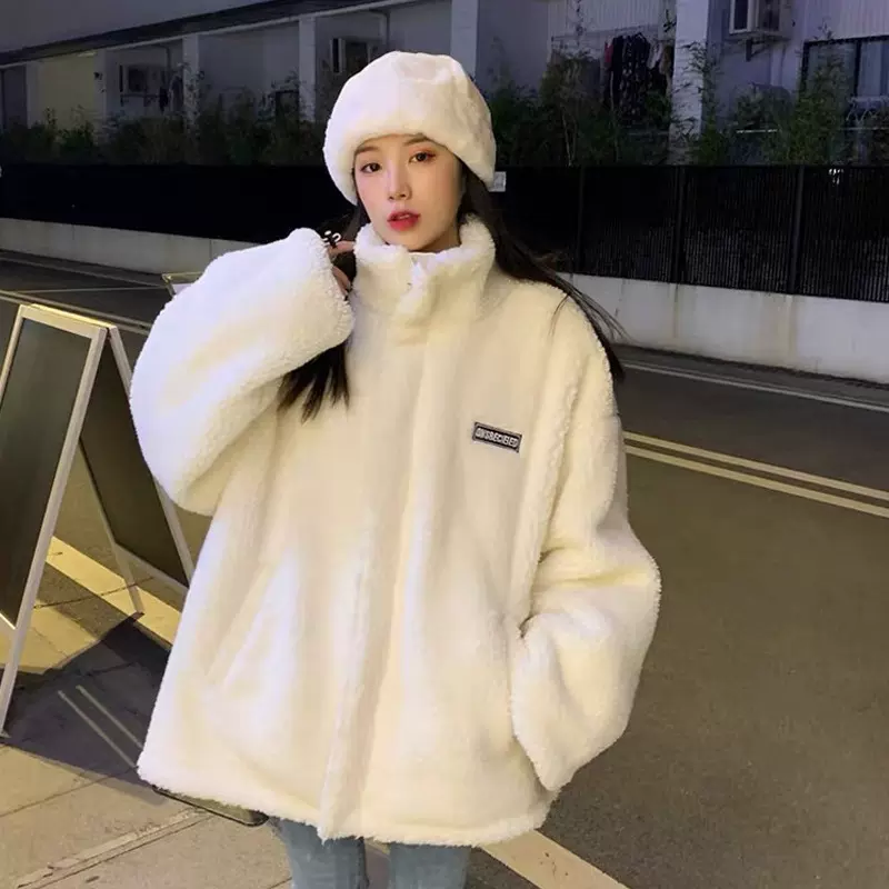 立领羊羔毛加厚字母棉衣棉服外套女2025秋冬季宽松韩版小个子卫衣