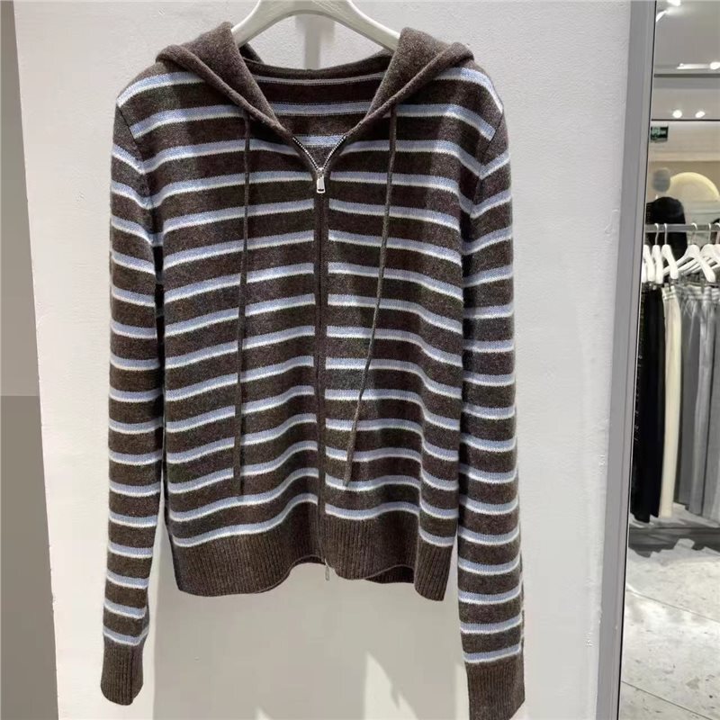 Mm Mall Same Style 2025 Winter New Brown Striped Hooded Knit Sweater Top for Women 4Gc133681 Mm Mall Same Style 2025 Winter New Brown Striped Hooded Knit Sweater Top for Women 4Gc133681