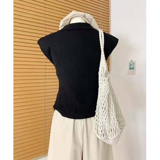 2025 Summer New Slim-fit Slimming Hong Kong Style Retro POLO Collar Single-breasted Small Fly Sleeve Knitted Cardigan Jacket for Women
