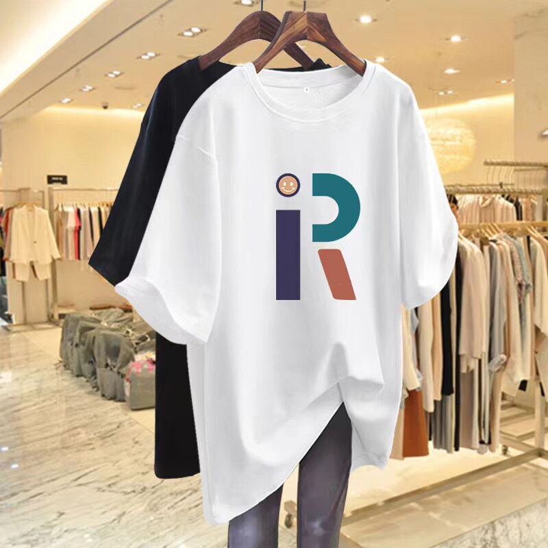 Combed Cotton Short-Sleeve T-Shirt with White Print, Half-Sleeve, Women's Korean Style, Plus Size, Mid-Length, Trendy, Loose Fit, Oversized, Black Combed Cotton Short-Sleeve T-Shirt with White Print, Half-Sleeve, Women's Korean Style, Plus Size, Mid-Length, Trendy, Loose Fit, Oversized, Black