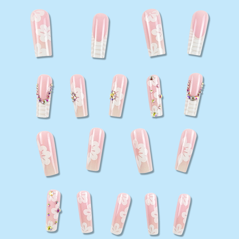 Dulce fresco ins estilo europeo y americano super largo tubo de agua desgaste de uñas blanco flor diamante francés falso uñas parche uñas