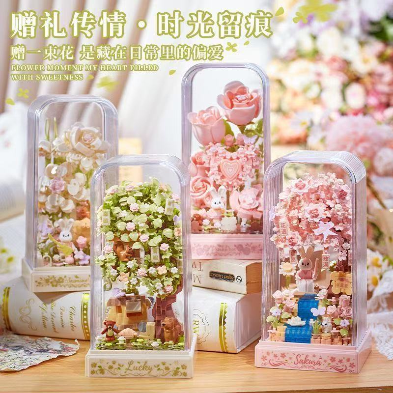 Jasmine flower building block flower arrangement, living room decoration, small pieces, adult version, birthday gift for girls, desktop everlasting flower