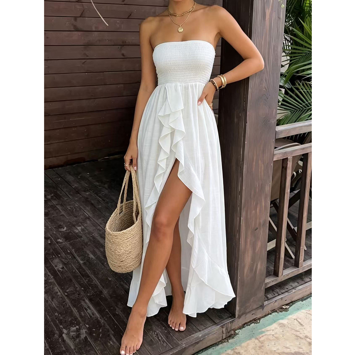 Cross-border AliExpress new sexy strapless dress with irregular high slit, ruffled hem, and sheer fabric, perfect for beach vacations