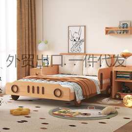 北欧原木风汽车儿童床实木创意男孩卧室家具床软包靠背造型男床