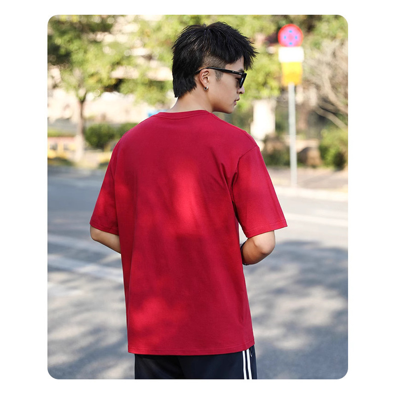 Men's 300g Double Yarn Pure Cotton Pure Color Off-Shoulder Round Neck Short-Sleeved T-Shirt Men's Red Shirt Trendy Brand Large Version American Style Men's 300g Double Yarn Pure Cotton Pure Color Off-Shoulder Round Neck Short-Sleeved T-Shirt Men's Red Shirt Trendy Brand Large Version American Style